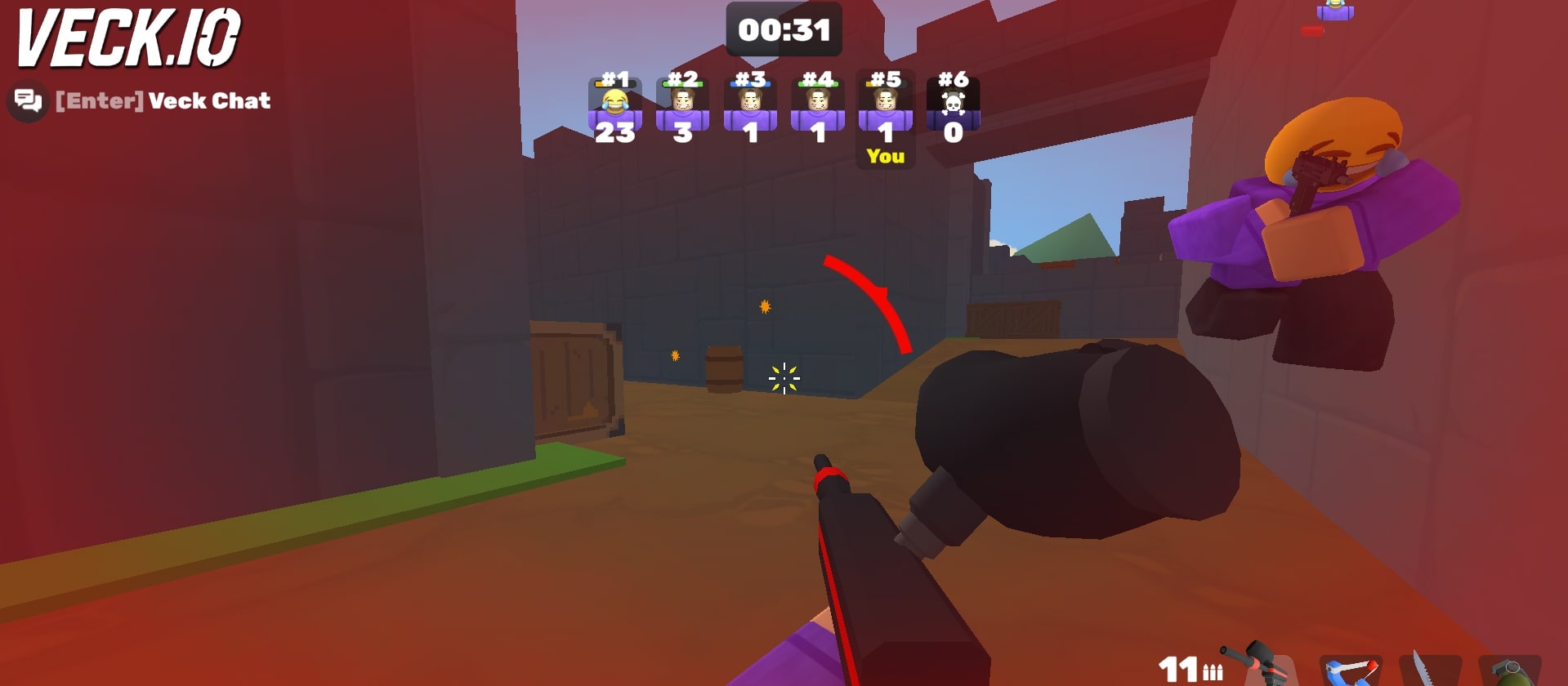 Beware! Your opponent is getting very close to destroying you in the Veck.io game at Geodashlite.io