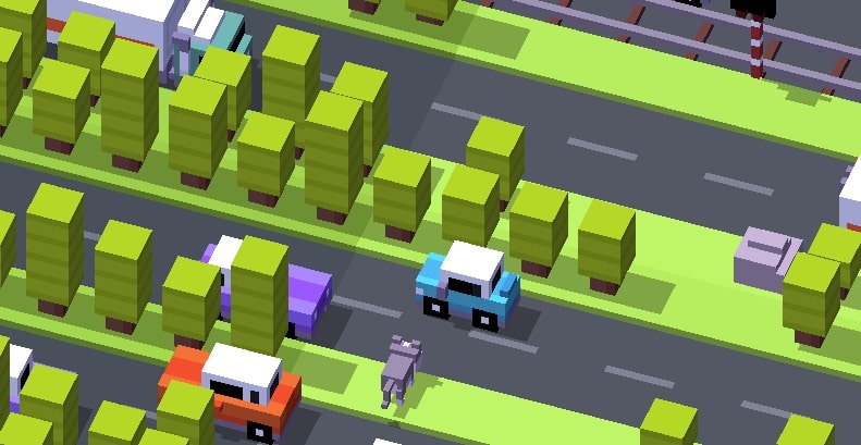 Character trying to overcome obstacles in Crossy Road game at Geodashlite.io