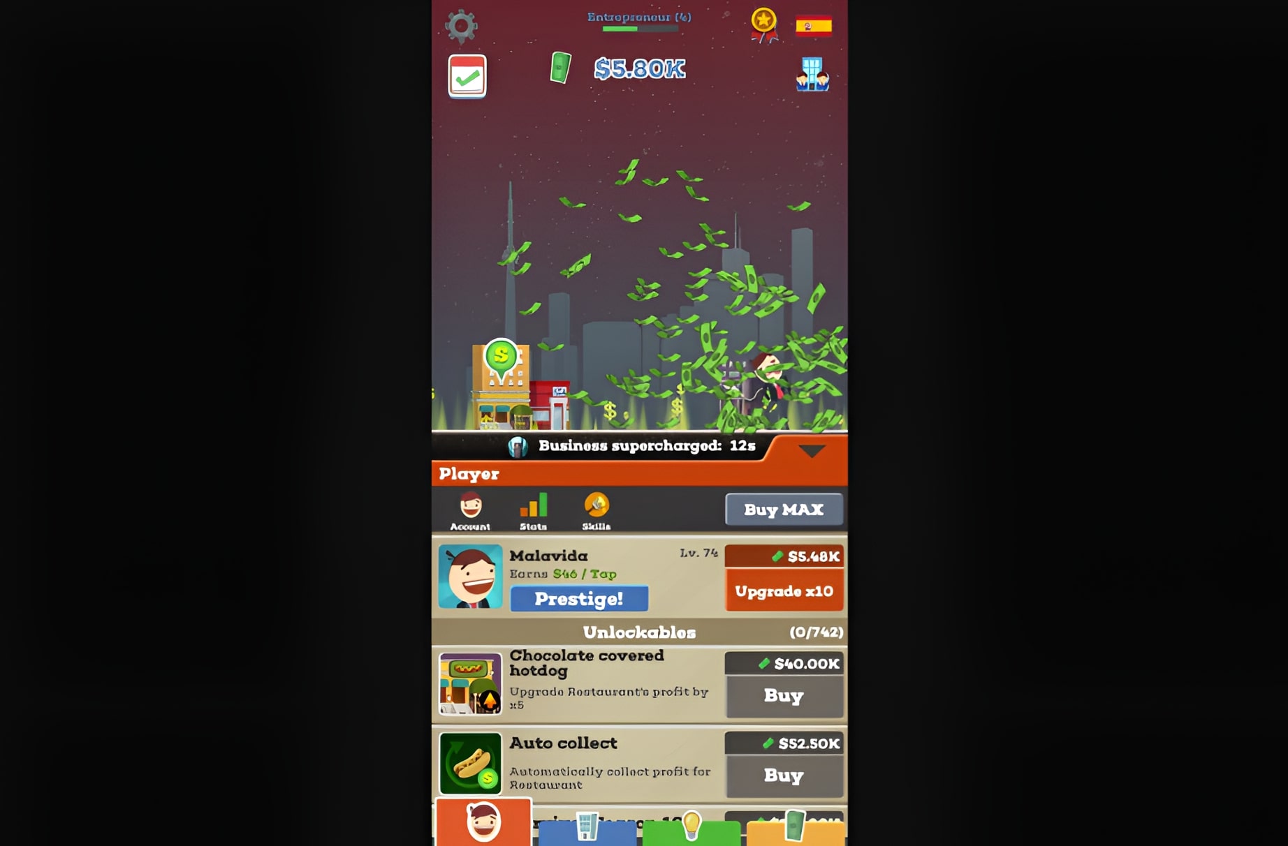 Don't hesitate to upgrade your character so you can enjoy the sight of money flying around in the Tap Rich Idle game at Geodashlite.io.