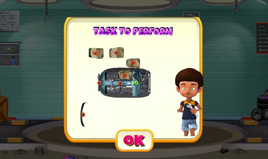 The character is guiding the player on how to assemble the interior parts of a car step by step at Craty Car game on Geodashlite.io