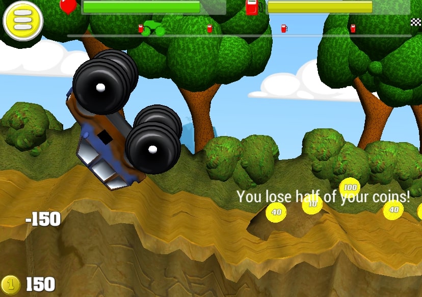 When you have been flipped over for a long time and have flipped your car back over, the game will deduct half of the coins you just earned in that level in Mad Trails game at Geodashlite.io